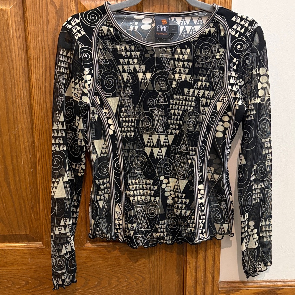 Anac by Kimi Black and Cream Geometric Mesh Long Sleeve Top Whimsigoth Boho glam